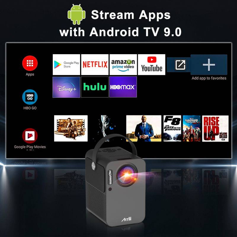 Portable Projector - Artlii Play Android TV 9.0 Smart WiFi Bluetooth LED Business Projector Support 4K, &plusmn;45&deg;4D Keystone Correction, HiFi Dolby Stereo, Home Theater Projector with Netflix, Prime Video