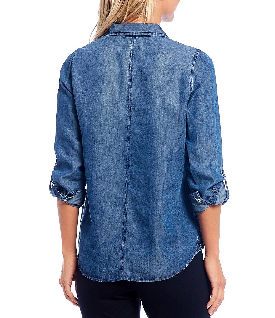 Intro Petites Roll-Tab Sleeve Button Front Slub Lyocell Shirt