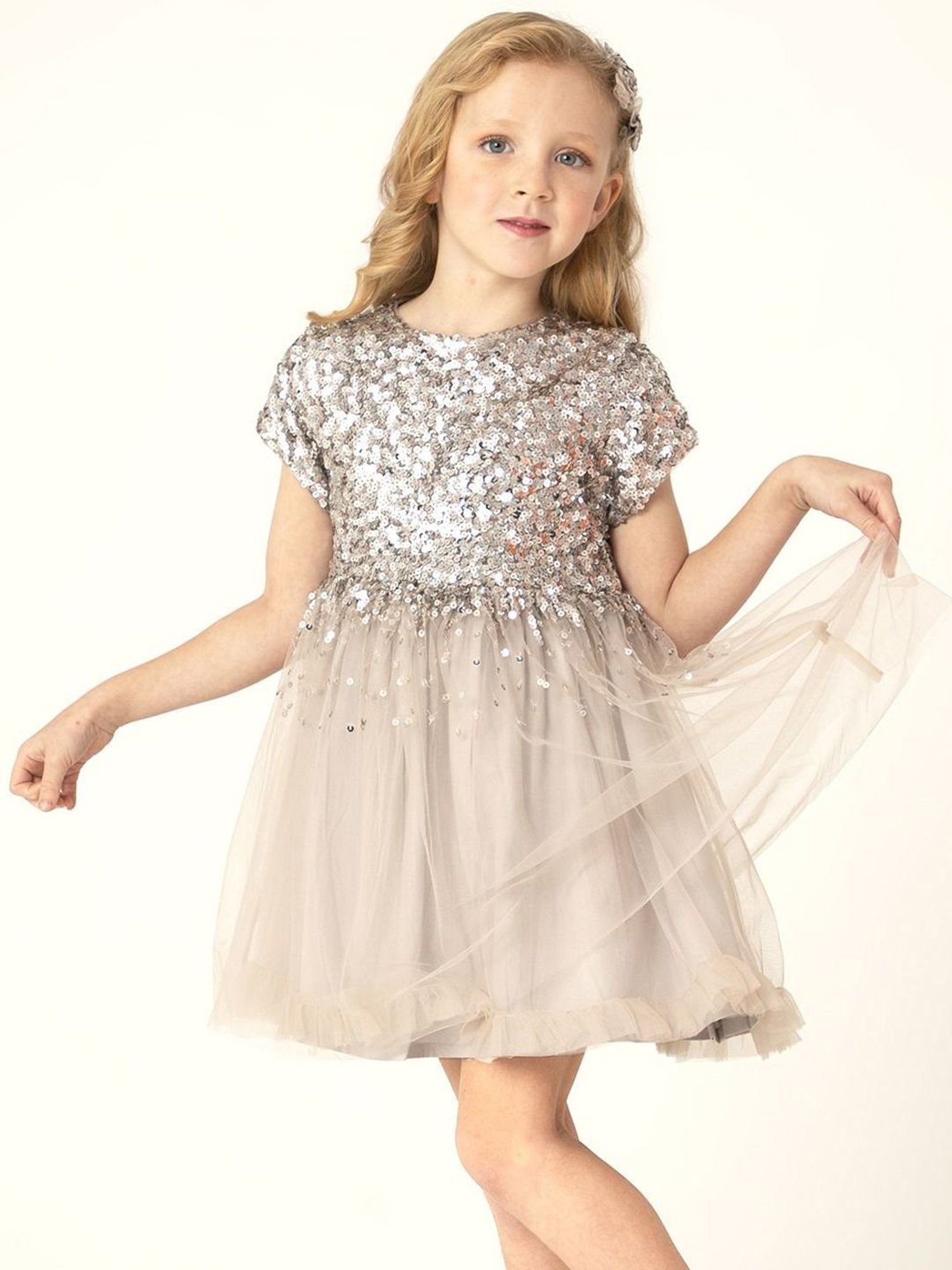 Cherry Crumble By Nitt Hyman Kids Grey Embellished Dress, Bow With Clip