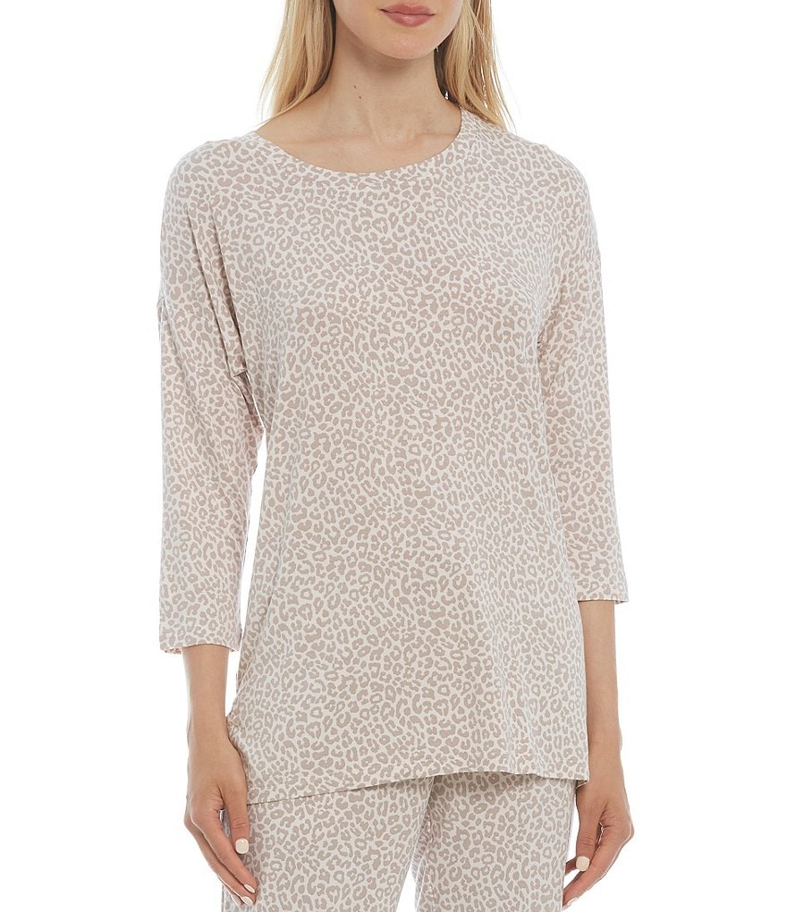 VAN WINKLE & CO. Animal Print Round Neck 3/4 Sleeve Jersey Knit Coordinating Sleep Top