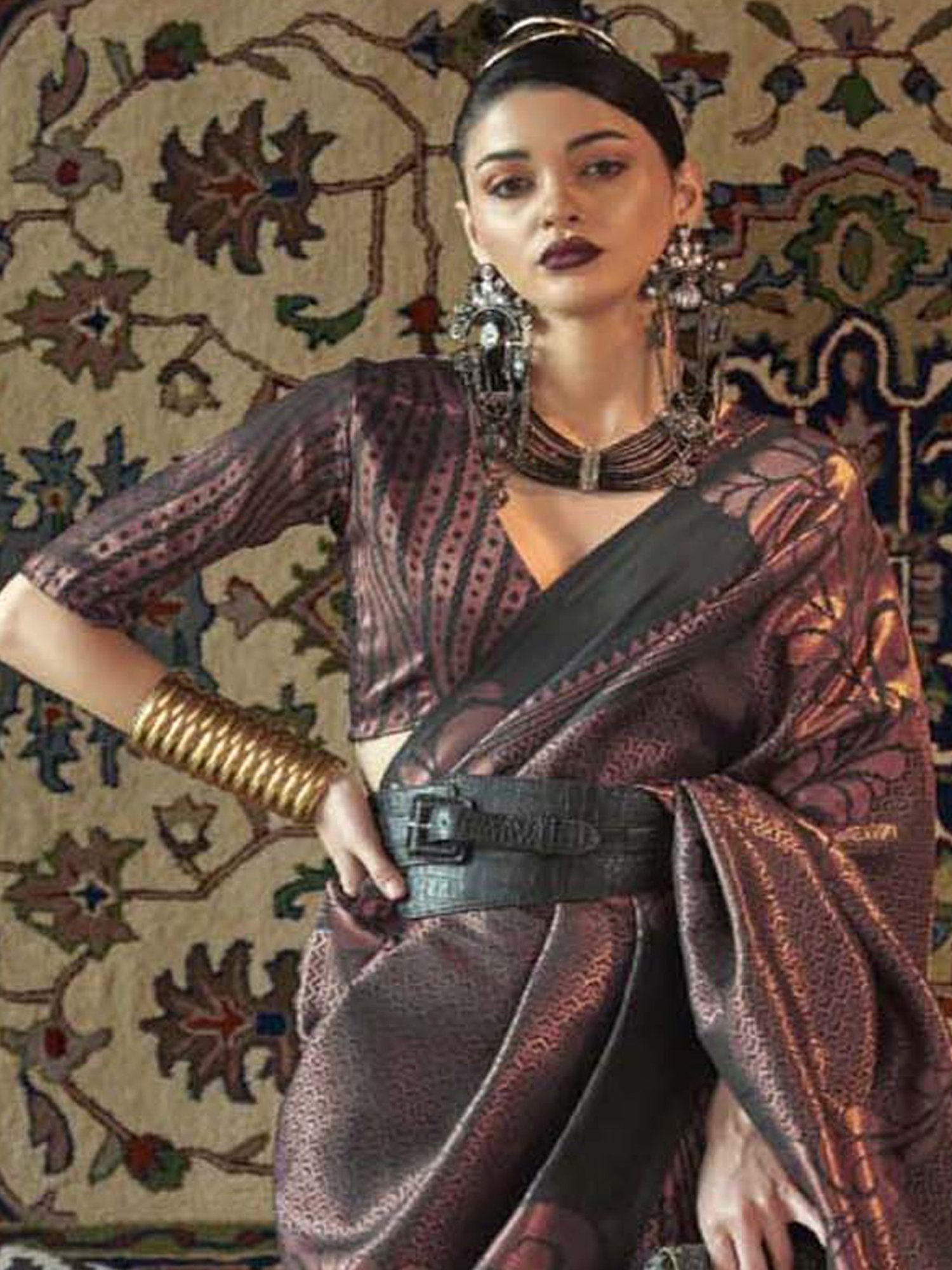 Elora Grey & Purple Silk Woven Saree With Unstitched Blouse