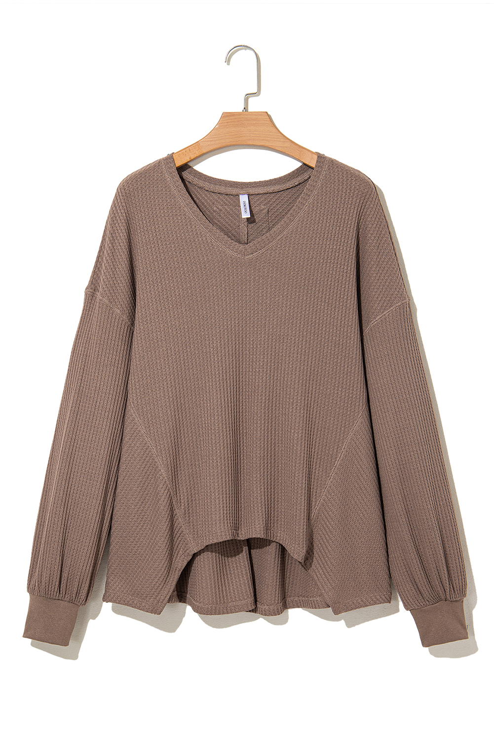 Coffee Waffle V Neck Drop Shoulder Loose Top