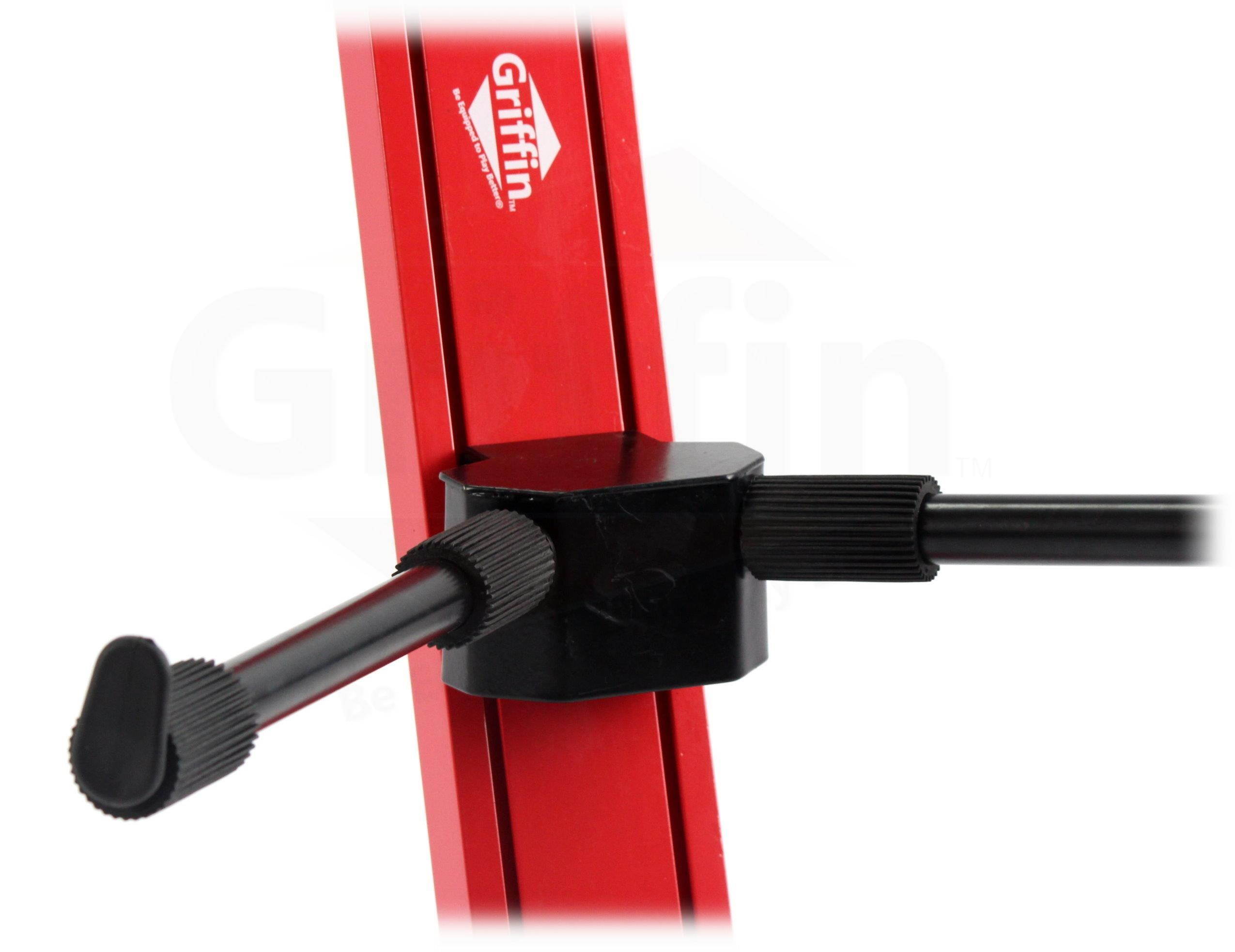 2-Tier Column Keyboard Stand with Mic Boom Arm by GRIFFIN | Double Sliding Multi Mounting Platform Red Stage Tower Rack | Holder for Digital Piano, Turntable, DJ Audio Gear, Studio Laptop Synthesizer