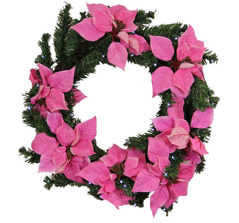 LB International 22" Prelit LED Pink Artificial Poinsettia Christmas Wreath - Clear Lights