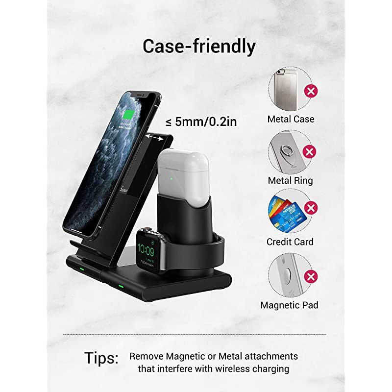 Wireless Charger, 3 in 1 Wireless Charging Station for Apple Watch, AirPods Pro/2, Detachable and Magnetic Wireless Charging Stand for iPhone 11 Pro Max/X/XS/XR/8Plus(NO QC 3.0 Adapter)