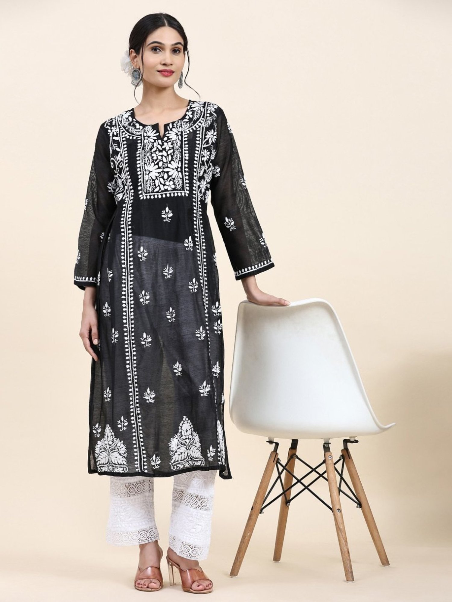 House Of Kari Samma Chikankari Long Kurta in Chanderi Silk for Women- Black