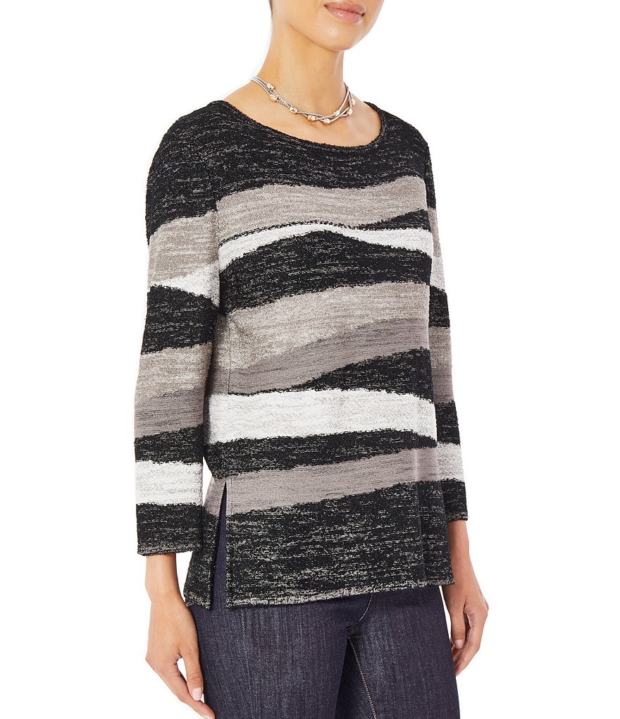 Ming Wang Abstract Stripe Long Sleeve Round Neck Melange Knit Tunic