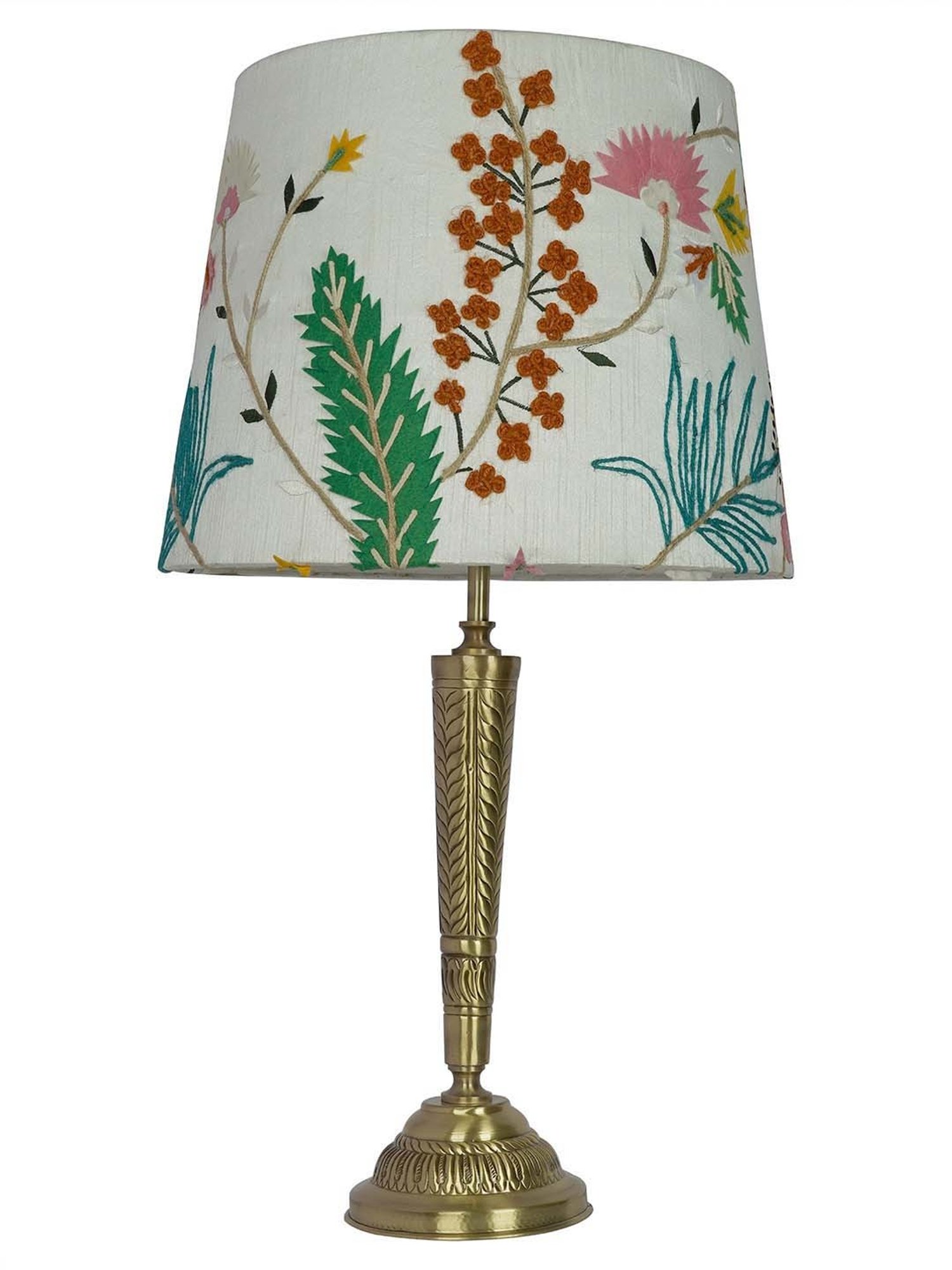 FOS LIGHTING Conical Antique Golden & White Brass Table Lamp With Fabric Shade