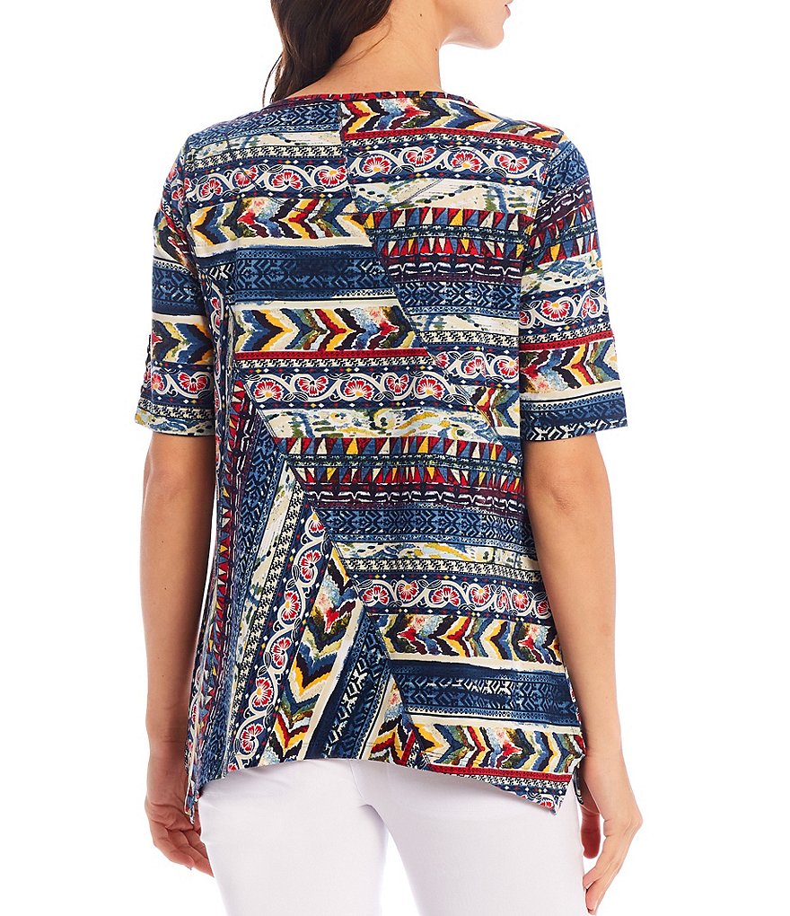 Multiples Multi Print Knit Button Detail Elbow Sleeve Sharkbite Hem Top