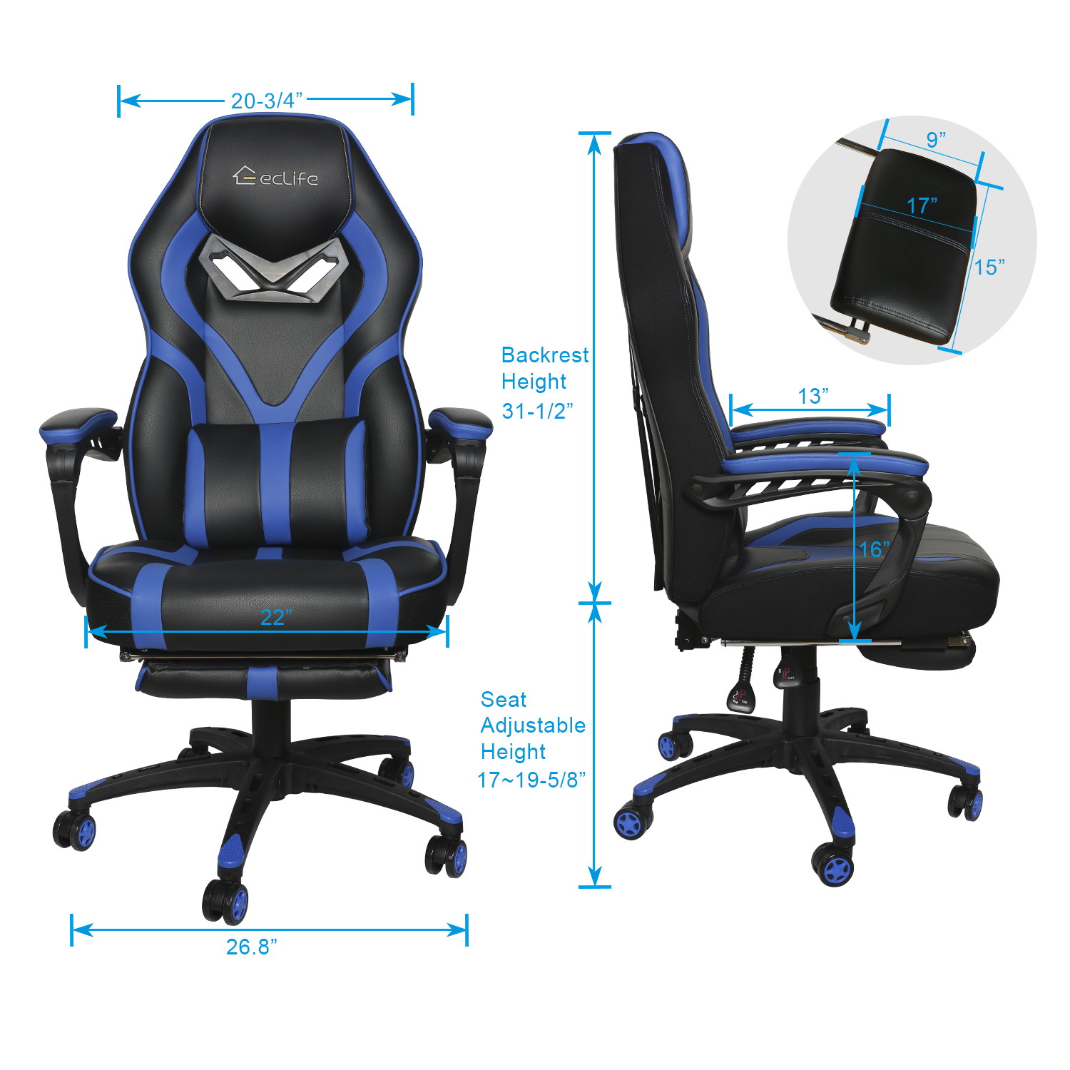 Eclife Gaming Chair Office Chair High Back Computer Chair Leather Desk Chair Ergonomic Adjustable Swivel Task Chair with Massage Lumbar Support and Footrest