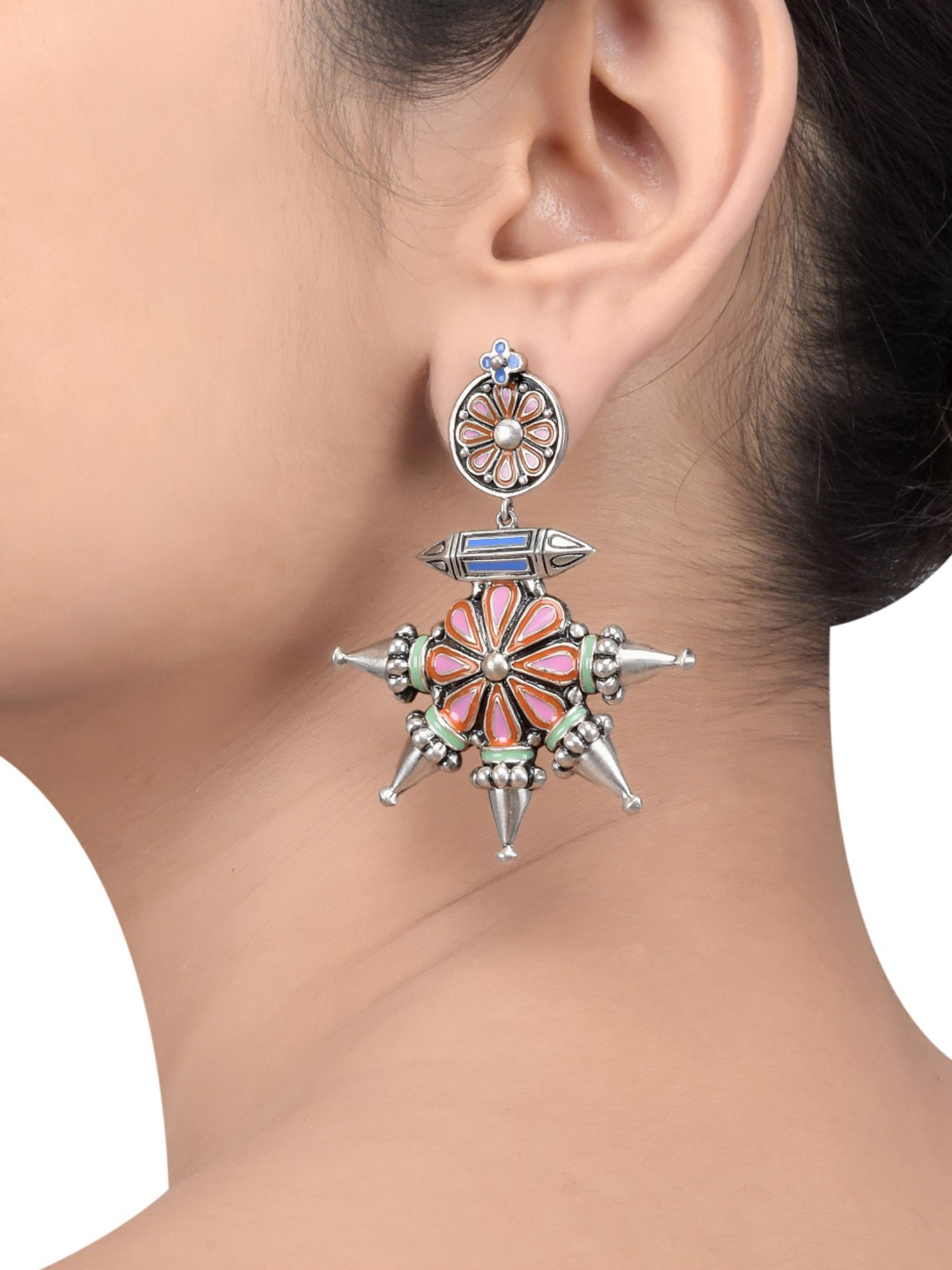 Tribe Amrapali Multi Enamel Chandrika Flower Spike Taveez Danglers