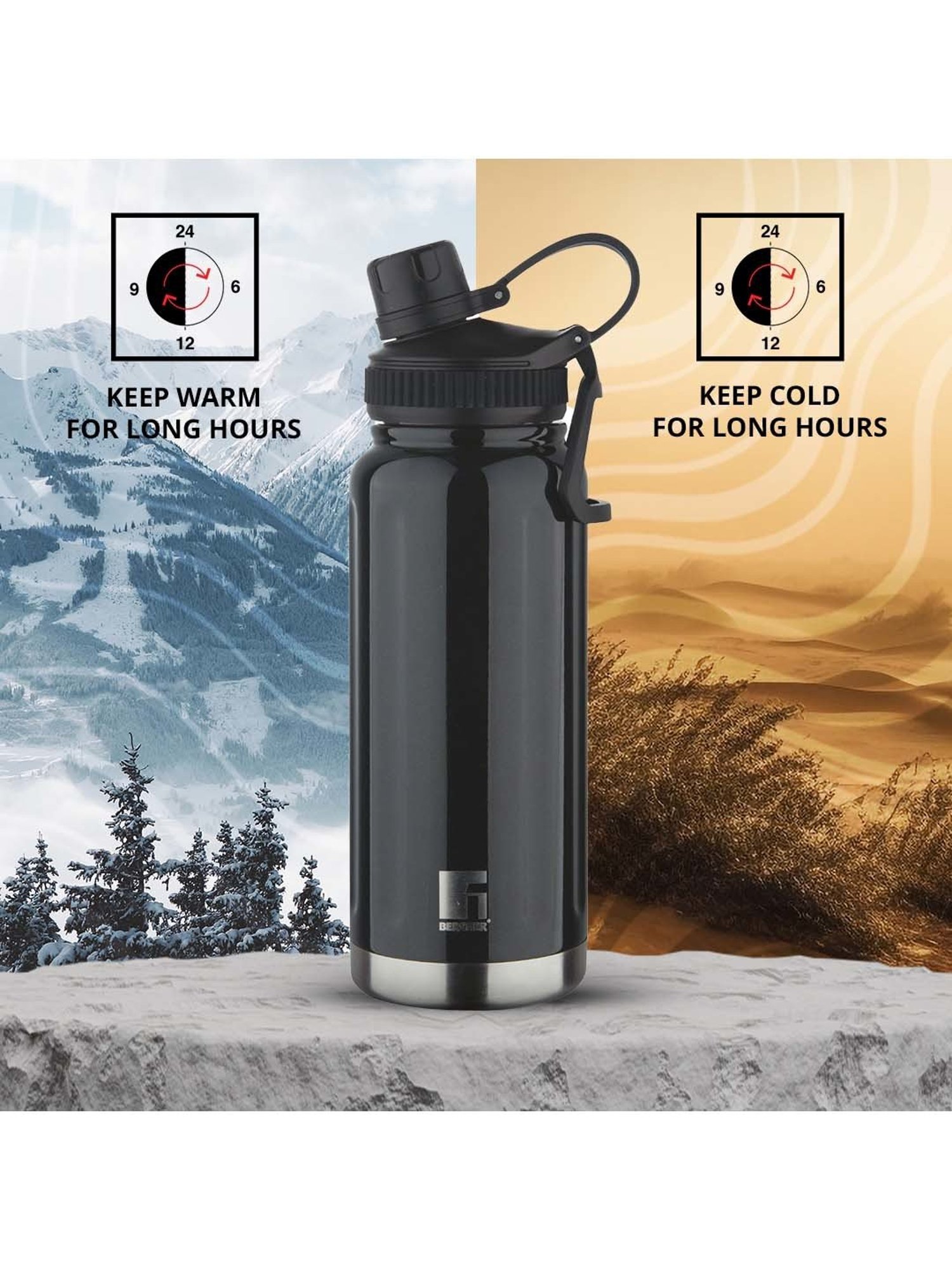 Bergner Walking Black Stainless Steel Thermosteel Hot and Cold Bottle (1.2 L)