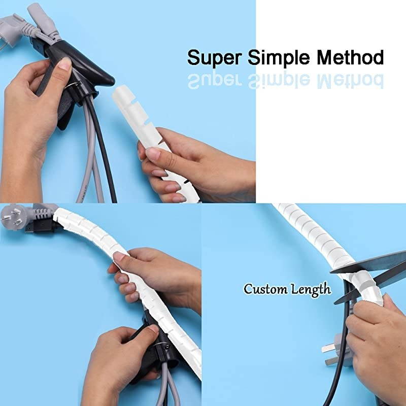 White Cable Wire Cover Cord Management Sleeve Electrical Wire Organizer Holder  Reusable Expandable Desktop Spiral Tube Wire Hider with BONUS Clips For TV Computer Home Entertainment