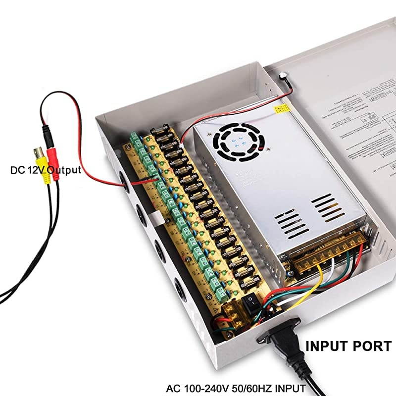 DC Power Supply 9 Channel Port Output 12V 150W CCTV Electrical Box Distributed Power Supply Box with AC Power Line and Key 9CH 125A 150W