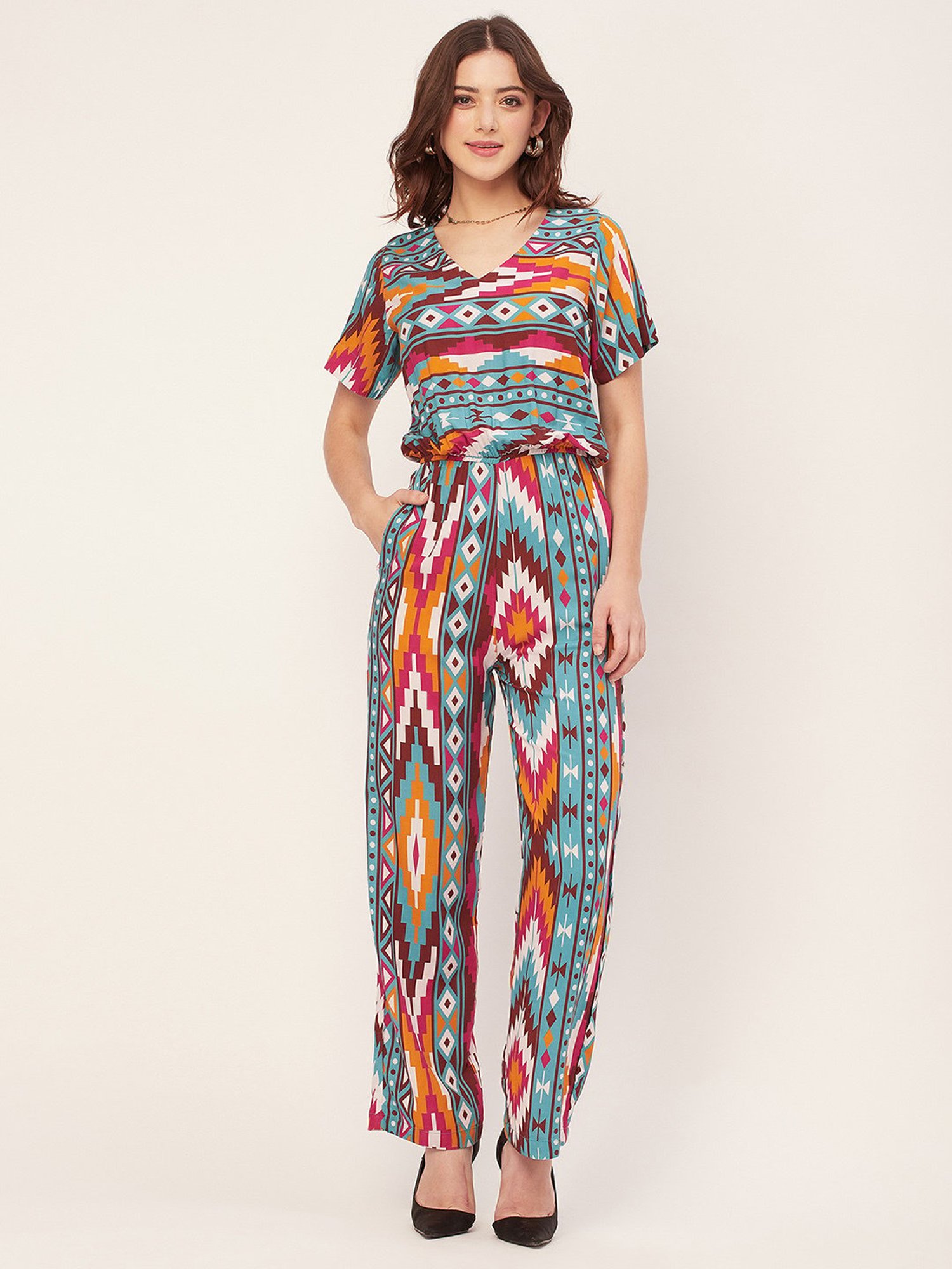 Moomaya Turquoise & White Printed Jumpsuit