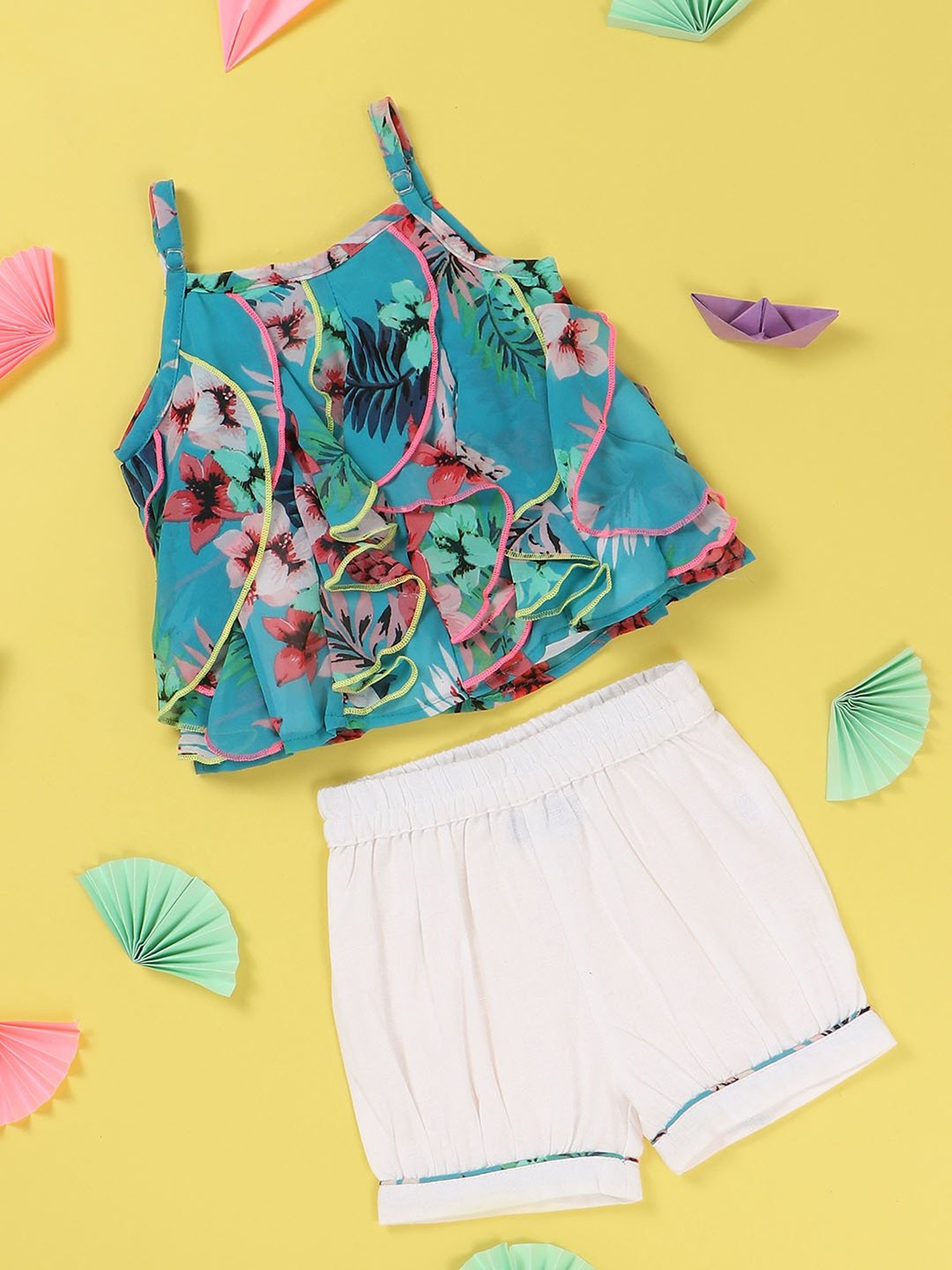 Nauti Nati Kids Teal & White Floral Print Top with Shorts