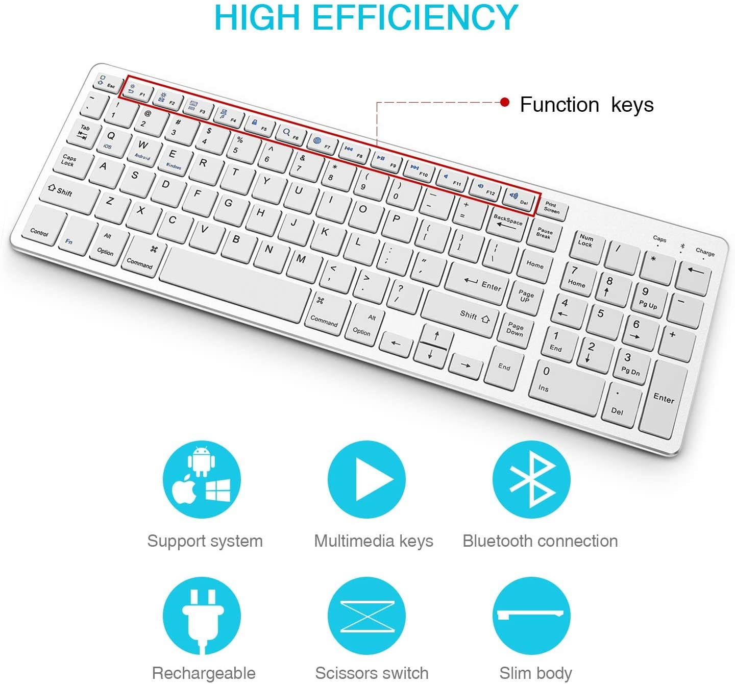 Bluetooth Keyboard, Rechargeable Portable BT Wireless Keyboard with Number Pad Full Size Design for Laptop Desktop PC Tablet, Windows iOS Android (Silver)