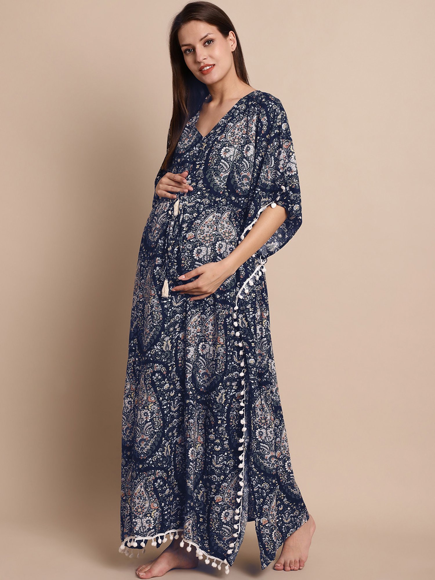 Secret Wish Navy Floral Print Maternity Kaftan