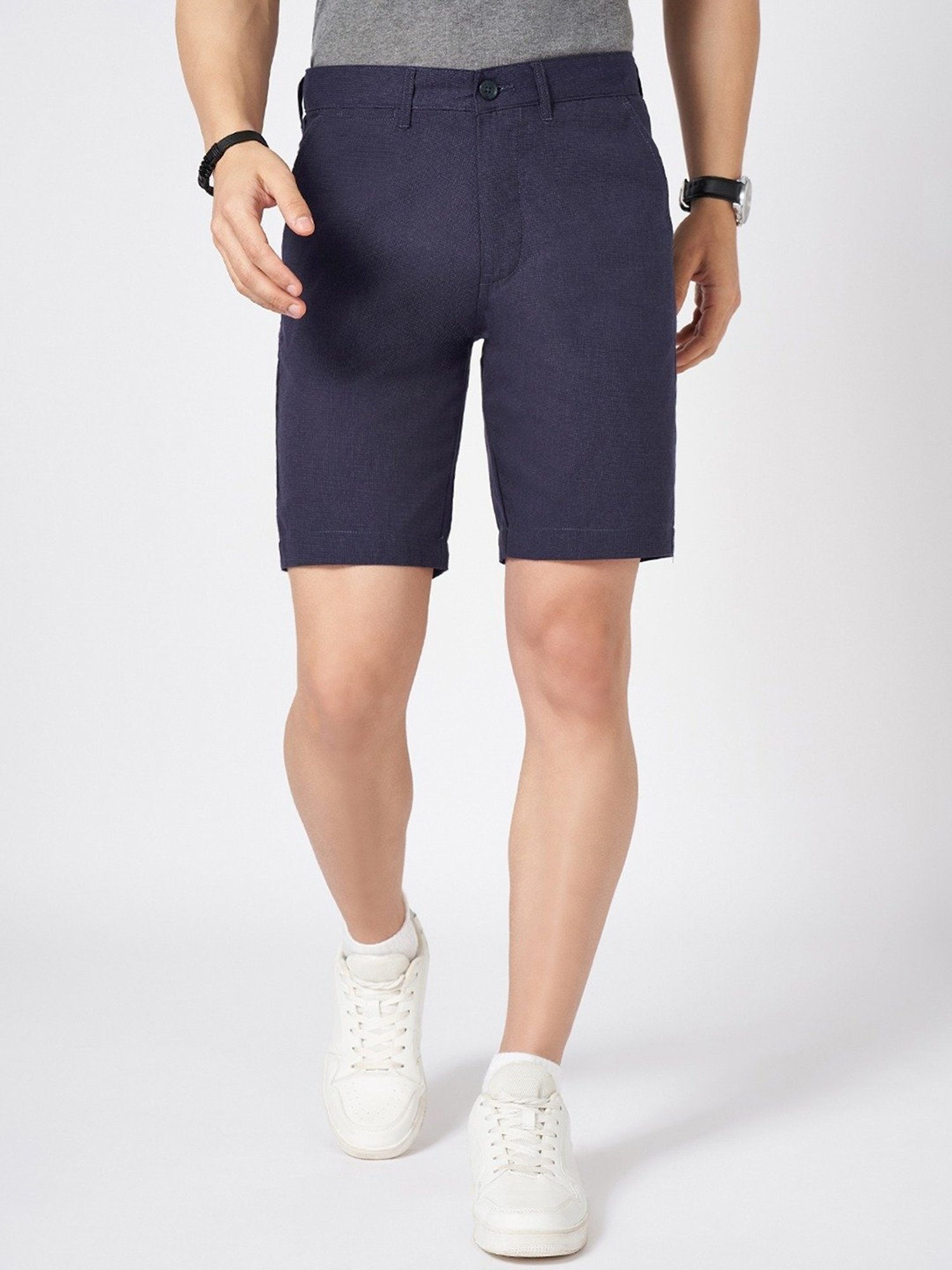 Byford By Pantaloons Navy Cotton Slim Fit Texture Shorts