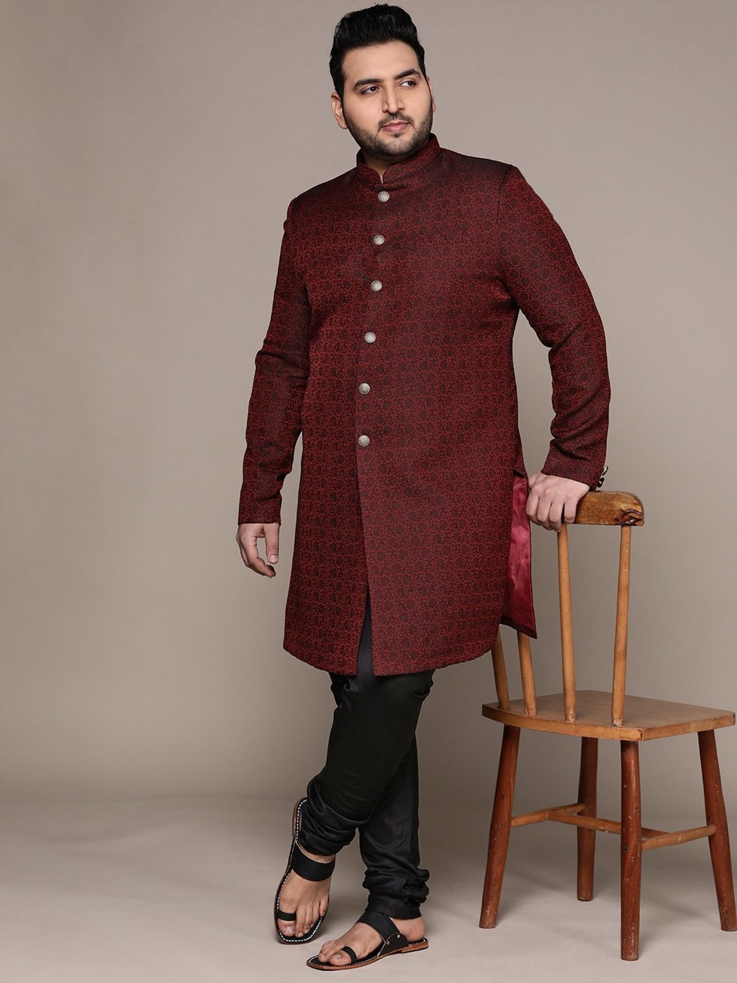 KISAH PLUS Maroon Regular Fit Jacquard Sherwani Set