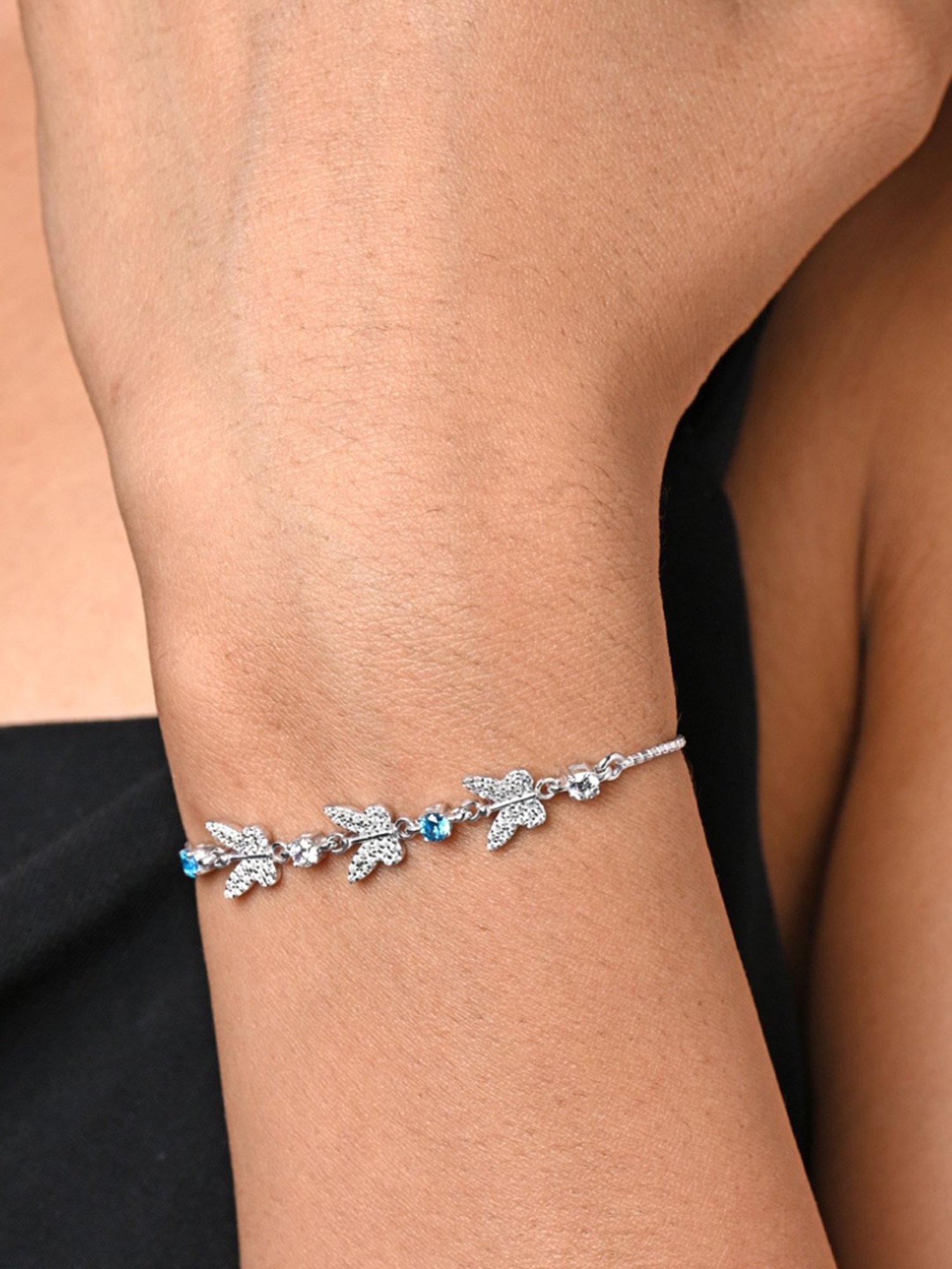 Clara 92.5 Sterling Silver Adjustable Anti Tarnish Swiss Zirconia Blue Butterfly Bracelet for Women