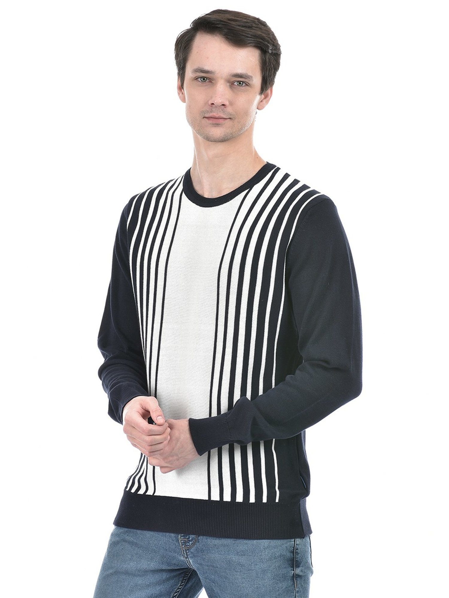 Numero Uno Navy Cotton Regular Fit Striped Sweater