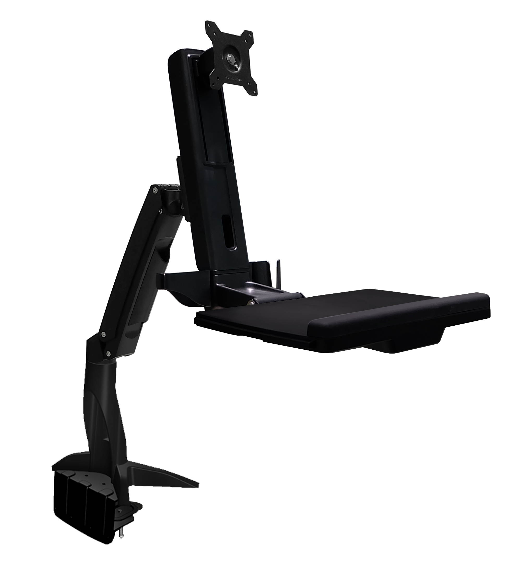 Sit Stand Articulating Arm Clamp Mount. Foldable keyboard tray and retractable mouse pad. Built in holders for Mouse and scanner. Separate monitor adjustments. Supports 24" monitors