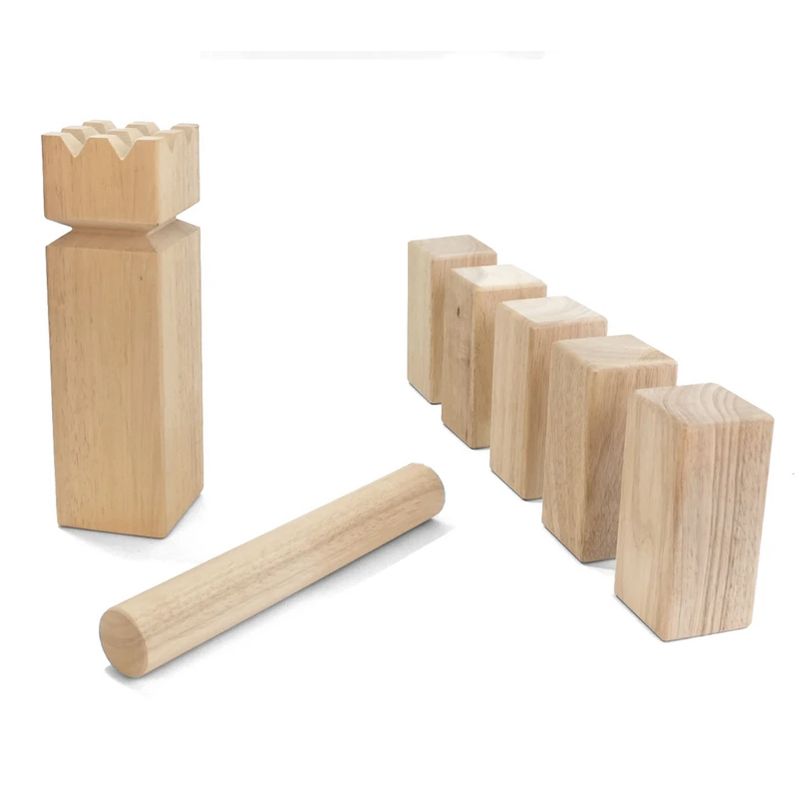 Yard Games Outdoor Backyard Regulation Size Kubb Hardwood Kids Tossing Game Set Bundle w/ Hardwood Outdoor Scatter Toss Target Lawn Game Skittles Set