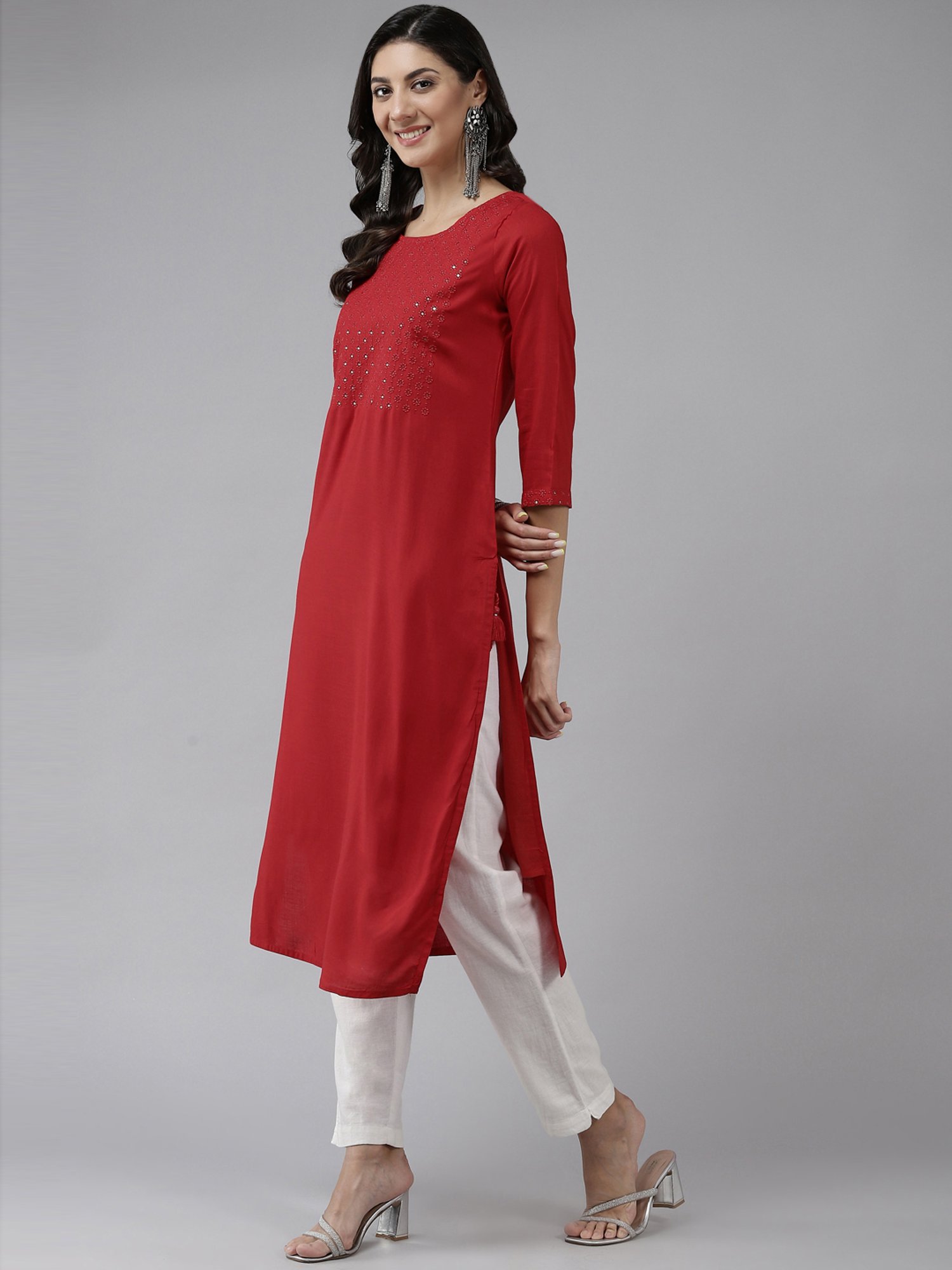 Prakrti Red Embroidered Straight Kurta
