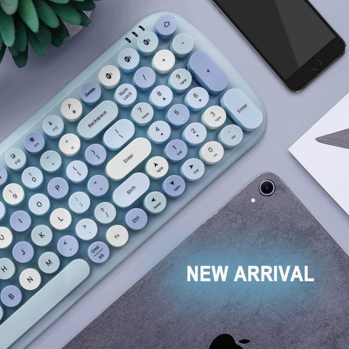 Wireless Bluetooth Keyboard, Typewriter Retro Round Keycaps Keyboard, Bluetooth 5.1 Tech Compatible with iPhone, iPad, Android, Windows, PC, Mac, Perfect for Home Game Office (Pink Colorful)