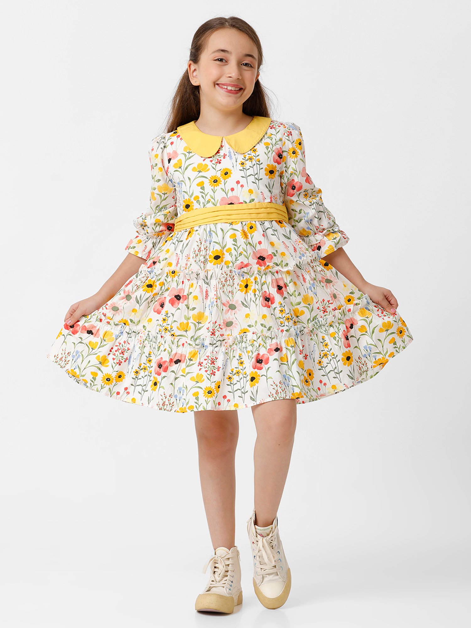 Kate & Oscar Kids White & Yellow Floral Print Dress