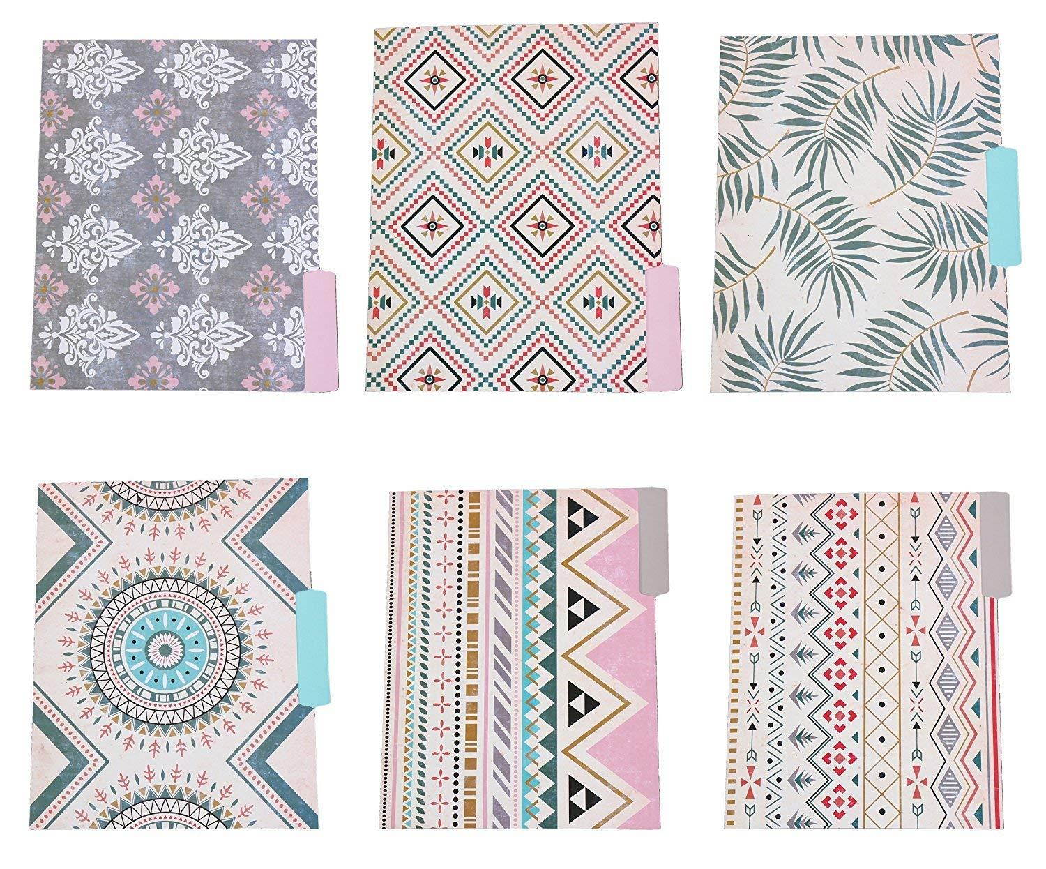 Decorative File Folders - 12-Count Colored File Folders Letter Size, 1/3-Cut Tabs, Includes 6 Cute Bohemian Tribal Design and 6 Solid Colors, Office Supplies File Filing Organizers, 9.5 x 11.5 Inches