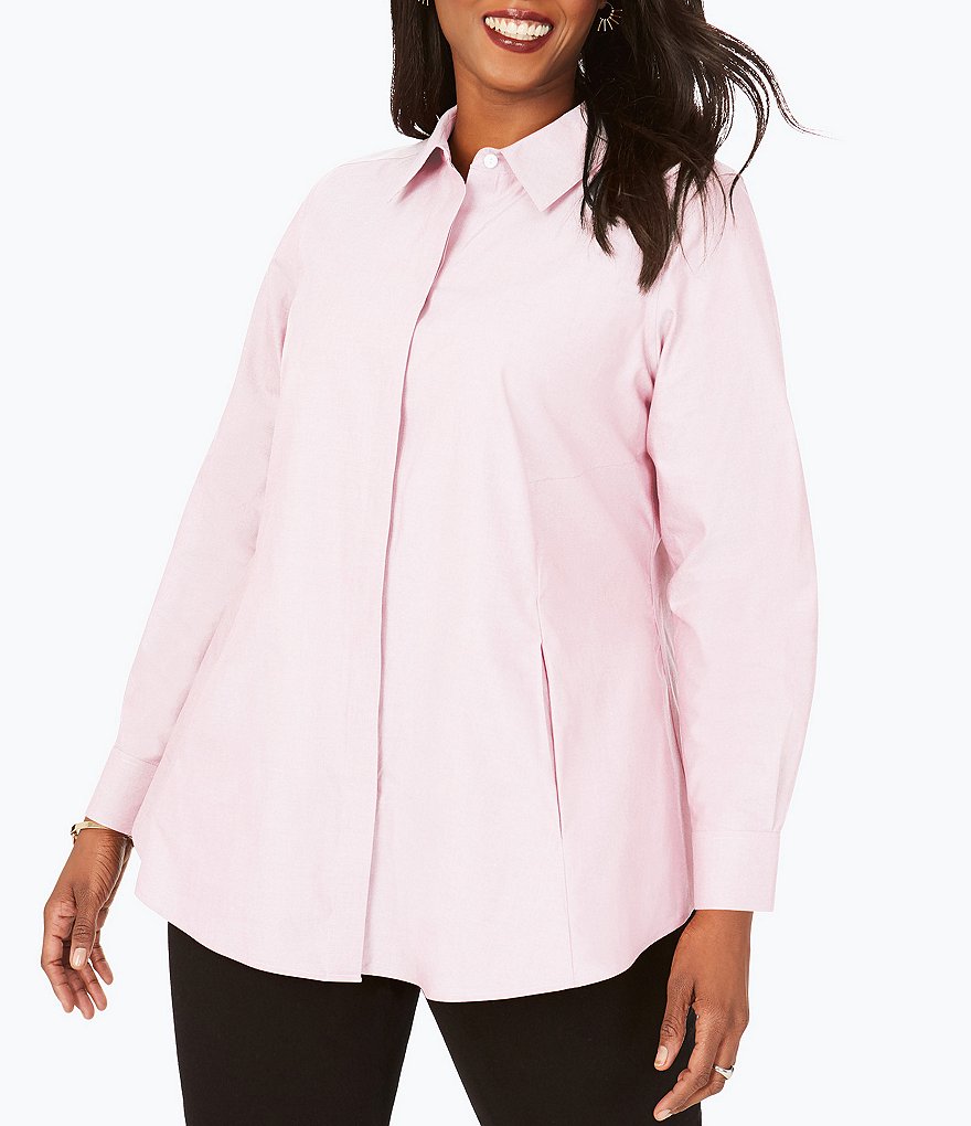 Foxcroft Plus Size Cici Solid Non-Iron Pinpoint Oxford Long Sleeve Point Collar Button Front Tunic