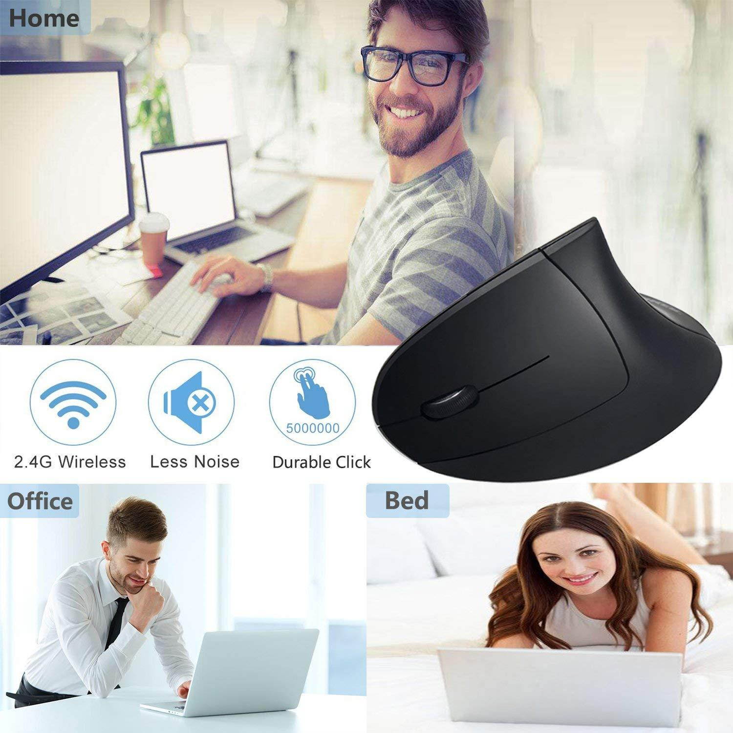 Left Handed Mouse, 7Lucky 2.4G Wireless LEFT HAND Ergonomic Vertical Mouse with Nano Receiver, Less Noise - Black