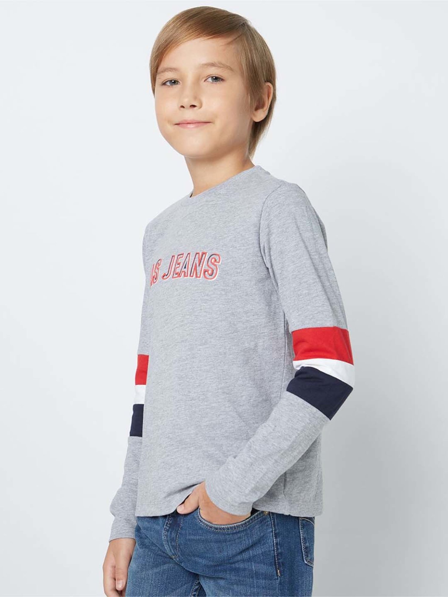 Gas Kids Grey Cotton Printed Full Sleeves T-Shirt