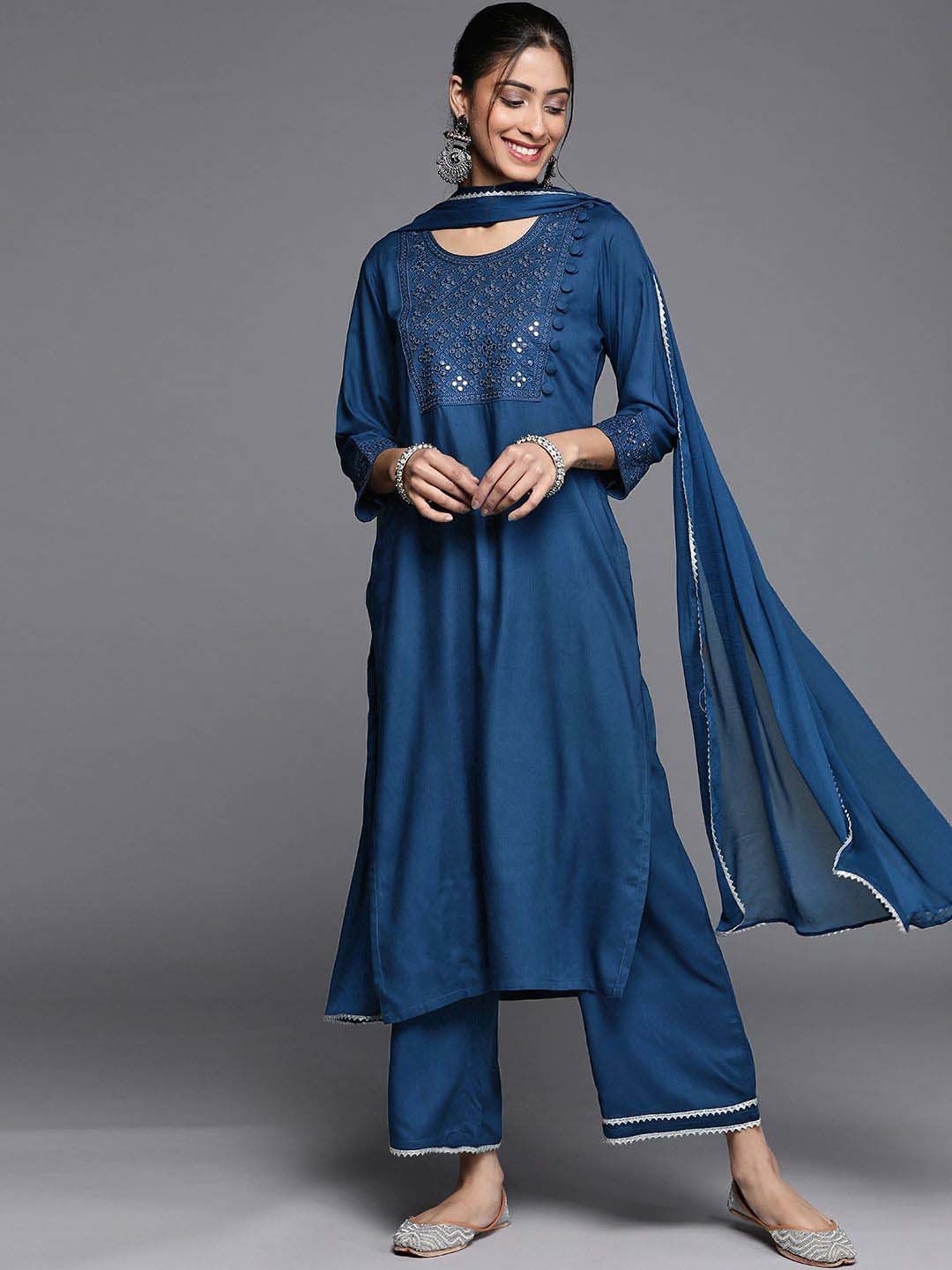 Libas Blue Embroidered Kurta Palazzo Set With Dupatta