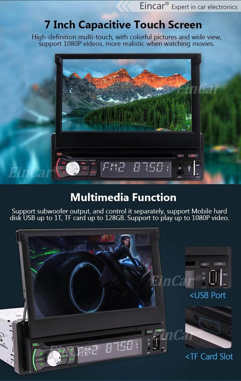 7 Inch Flip Out Touch Screen Single Din Android 10.0 Car Stereo GPS Navigation DVD Player Radio with WiFi Bluetooth AM FM Receiver Support Mirror Link Steering Wheel Controls Backup Camera SD USB OBD