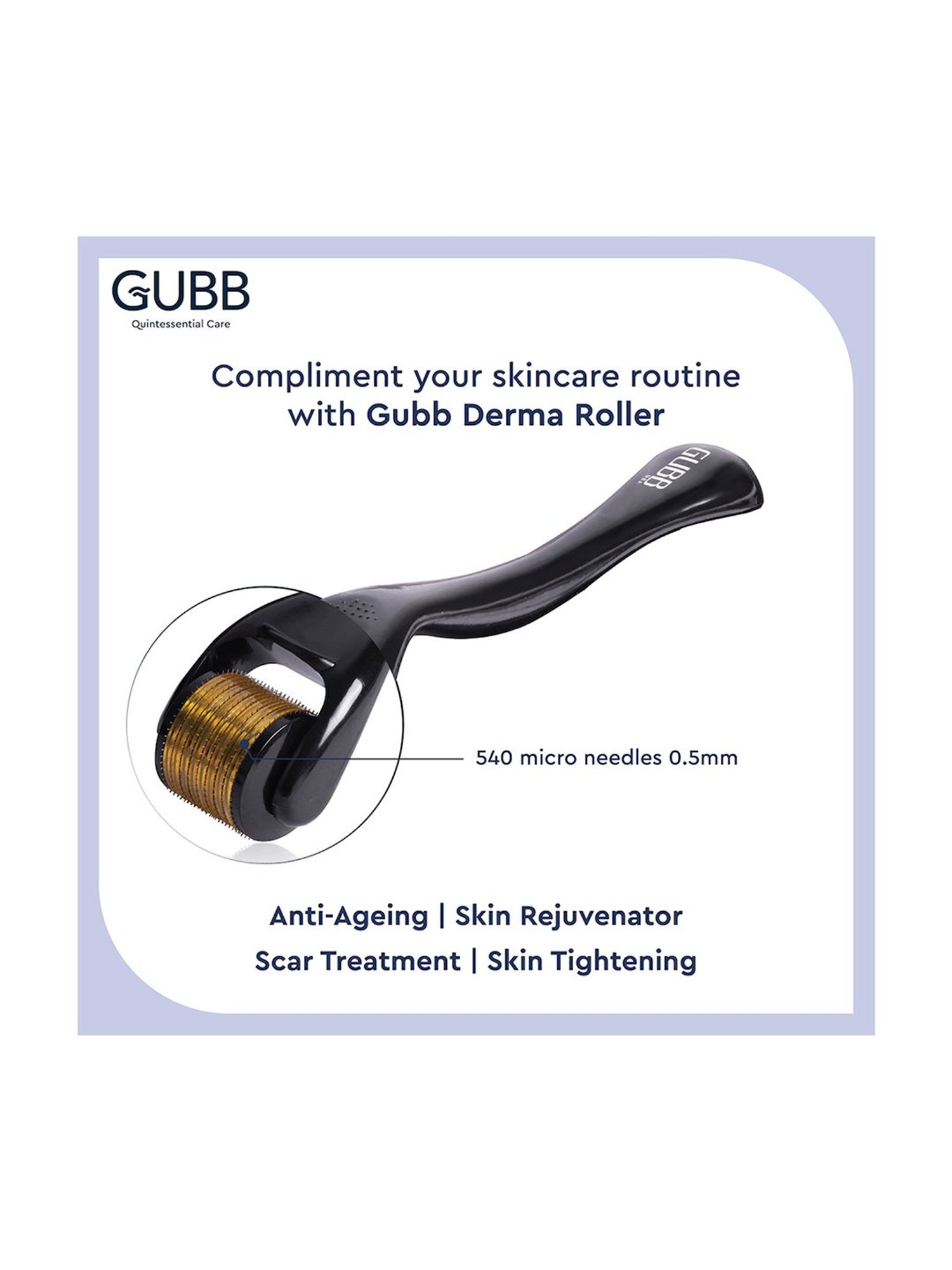 GUBB Derma Roller 0.5mm for Hair Regrowth & Skin Aging, 540 Micro Needles Roller - Golden