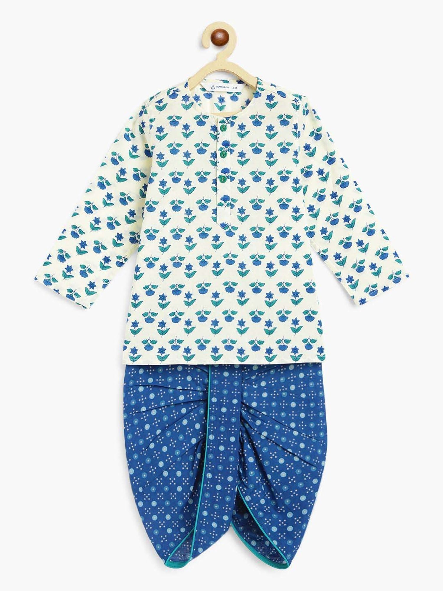 Campana Kids White & Blue Cotton Printed Full Sleeves Kurta & Dhoti