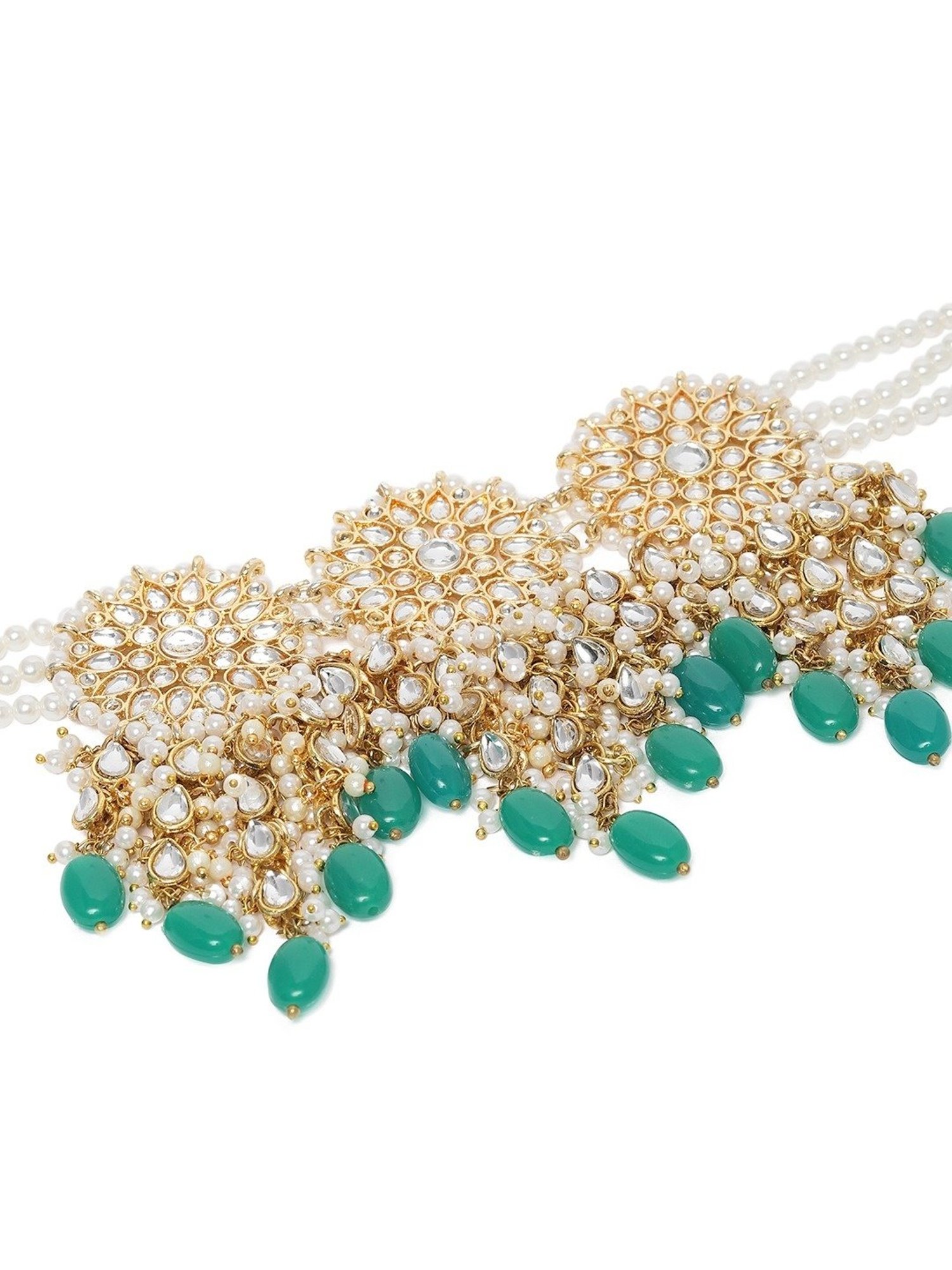 Zaveri Pearls Green Beads Bridal Kundan Choker Necklace Earring & Maangtikka Set-ZPFK10289
