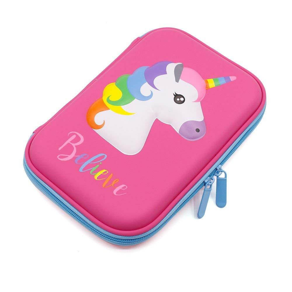 Cute Unicorn Embossed Hardtop Pencil Case - Kids Large Colored Pen Holder Box with Compartments - Girls Cosmetic Pouch Bag Stationery Organizer (Hot Pink)