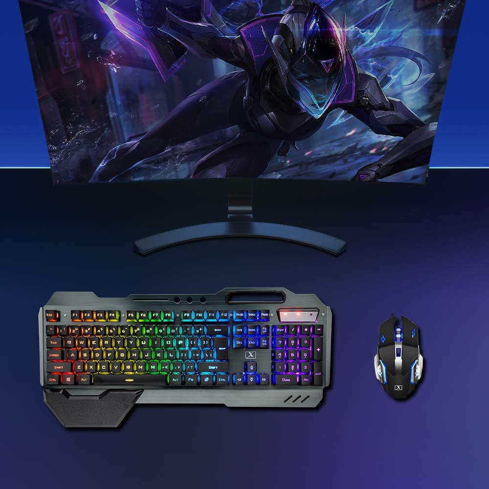 CUUWE Wireless Gaming Keyboard and Mouse,RGB Backlit Rechargeable Keyboard with 5000mAh Battery Metal Panel,Removable Hand Rest Mechanical Feel Keyboard and 7 Color Gaming Mute Mouse for PC Gamers