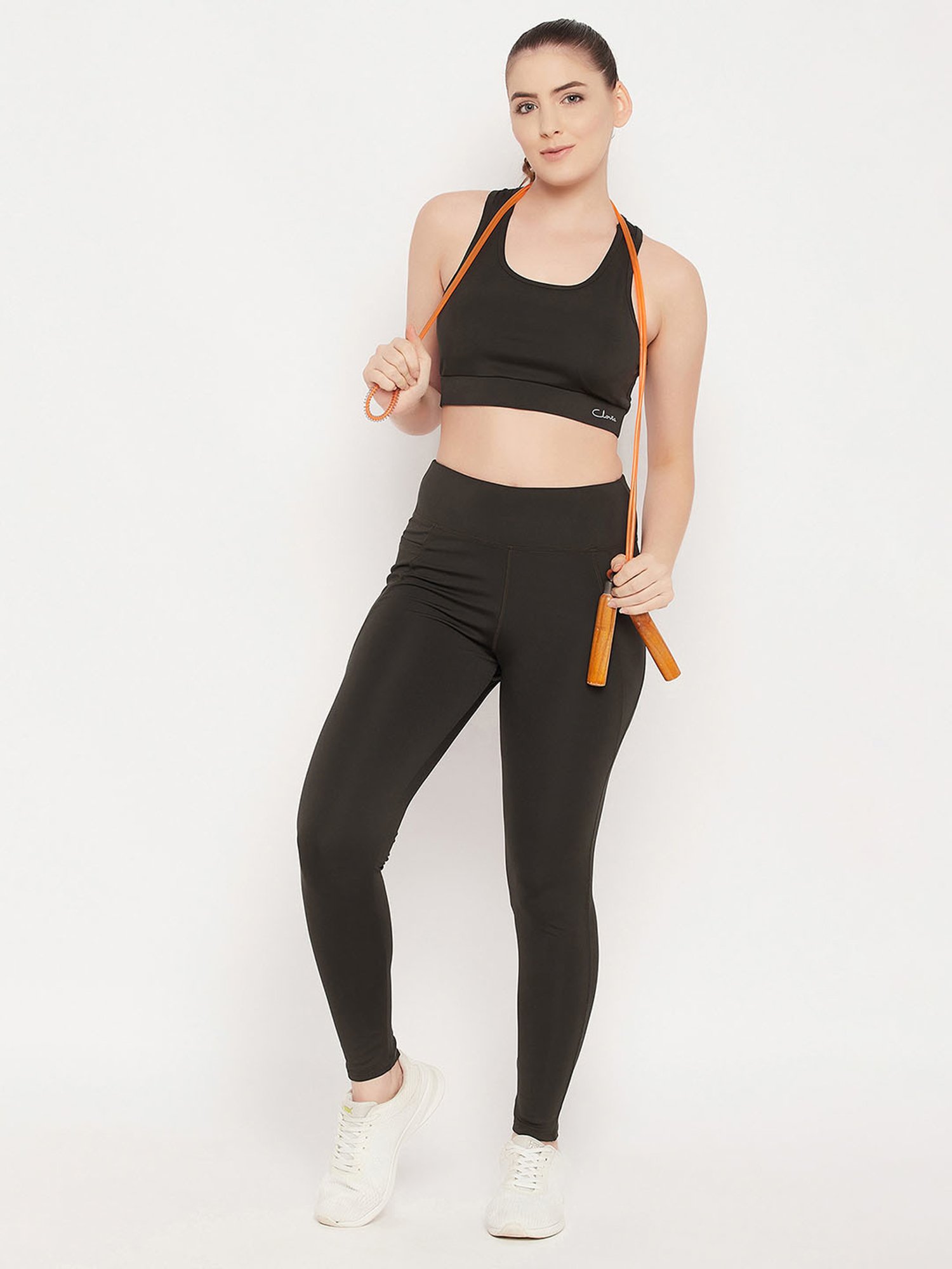 Clovia Moss Green Polyester Logo Print Sports Bra With Tights