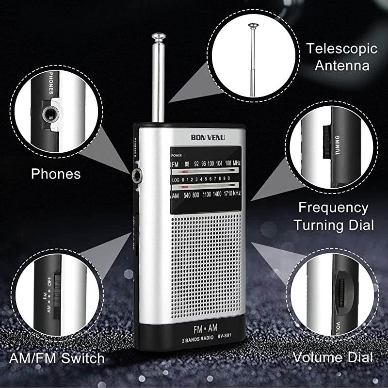 AM FM Pocket Radio Transistor Shower Radio Portable Superior Reception High Clarity Pleasant Sound Telescopic FM Magnetic AM Antenna Builtin Speaker Earphones Jack