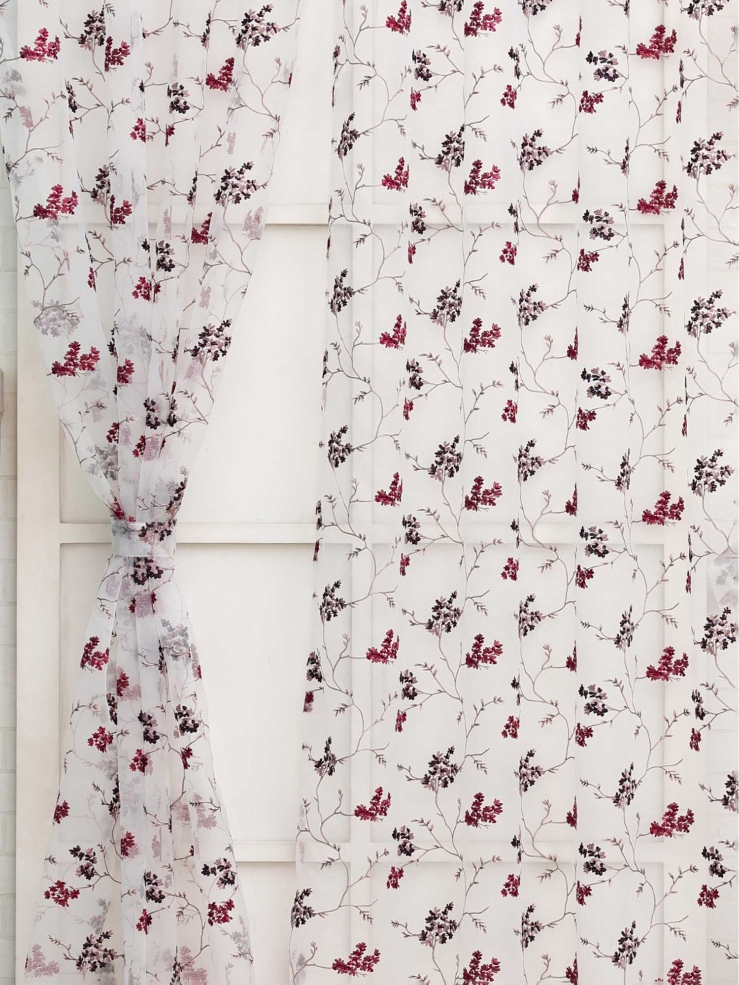 Ariana Floral Embroidery Maroon Polyester 7 ft Door Curtain