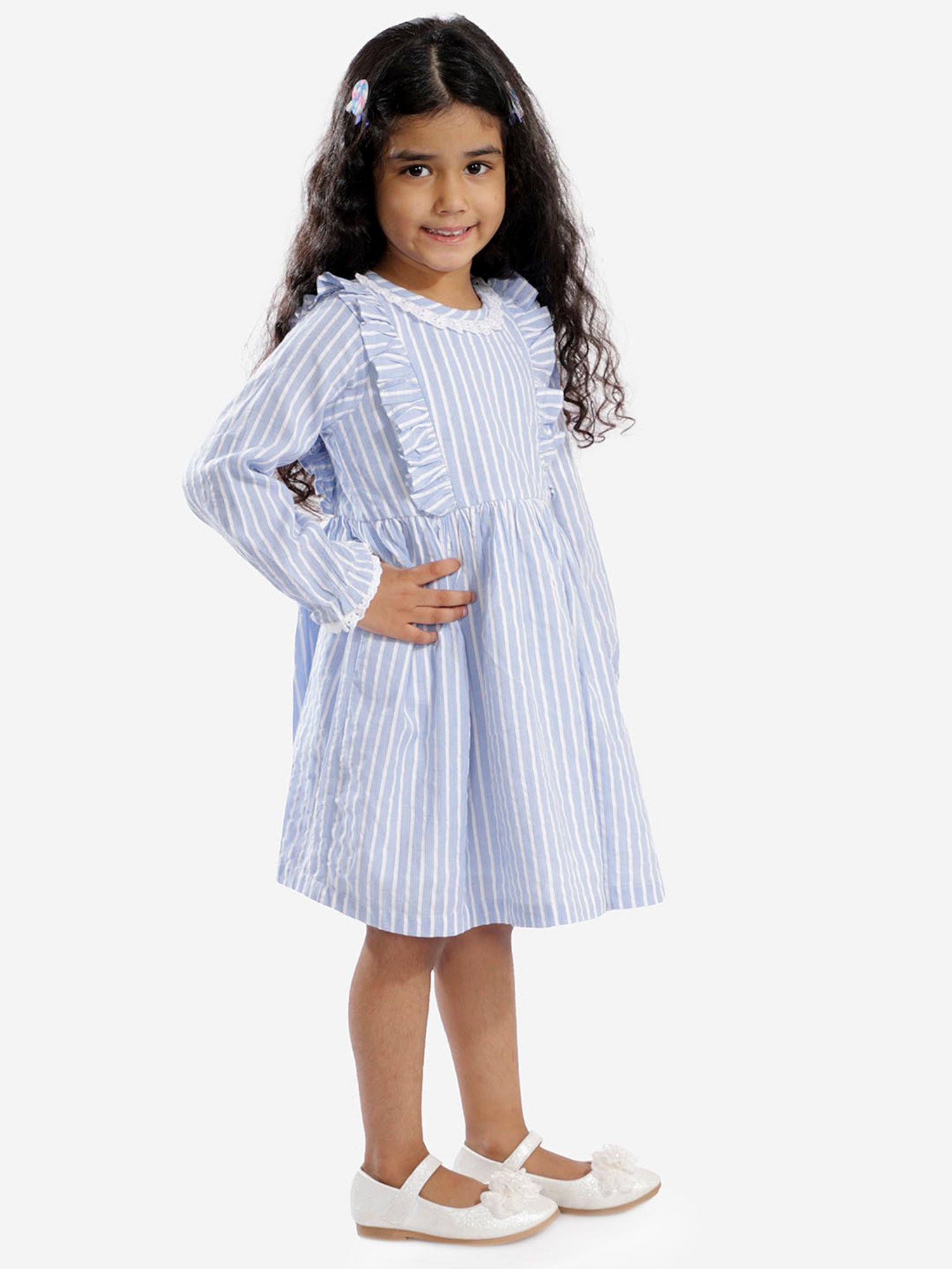 Lil Drama Kids Blue & White Striped Full Sleeves Dress