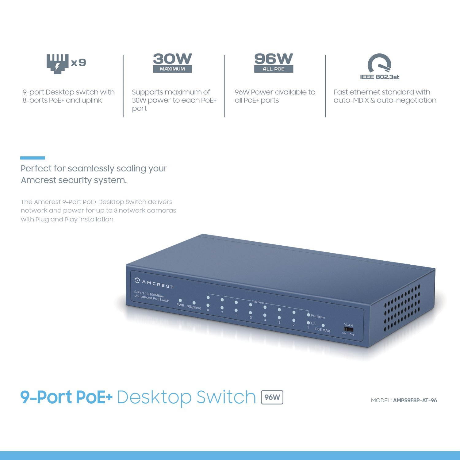 amcrest 9-port poe+ power over ethernet poe switch with metal housing, 8-ports poe+ 802.3at 96w (amps9e8p-at-96)