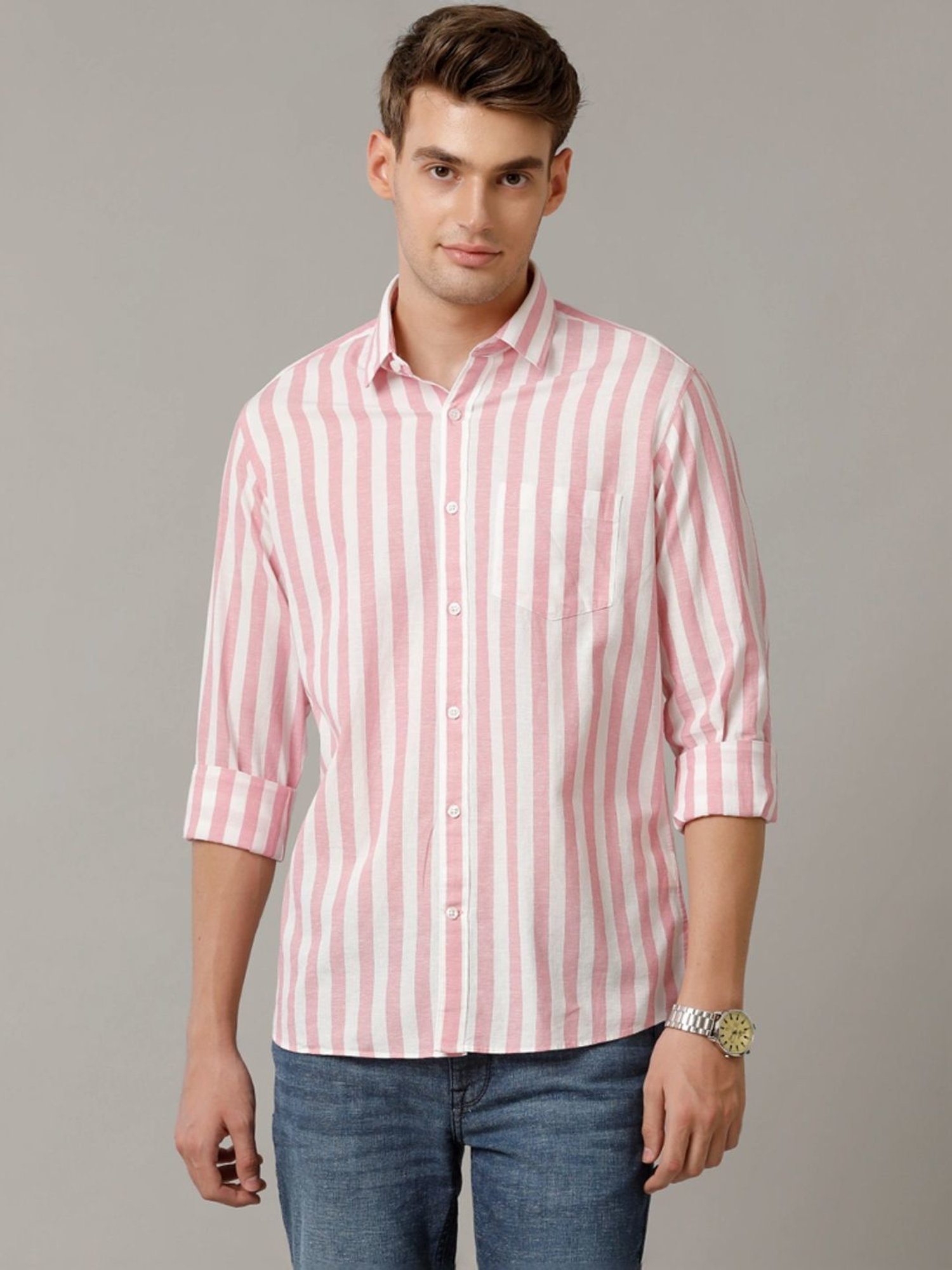 Cavallo By Linen Club Pink Linen Contemporary Fit Striped Shirt