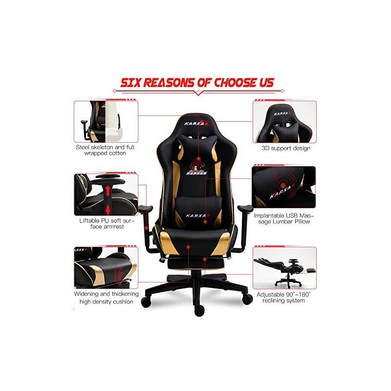Adjustable Gaming Chair - Upgrade Office Mute Gaming Chair PC with Footrest and Lumbar Pillow Support Massage Comfortable High-Back PU Leather Computer Seat for Adults (Golden)