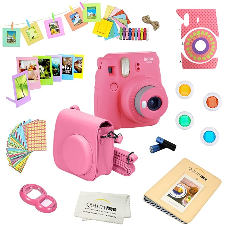 Instax Mini 9 Camera + 14 PC Instax Accessories kit Bundle Includes Instax Case + Album + Frames Stickers + Lens Filters + More Flamingo Pink